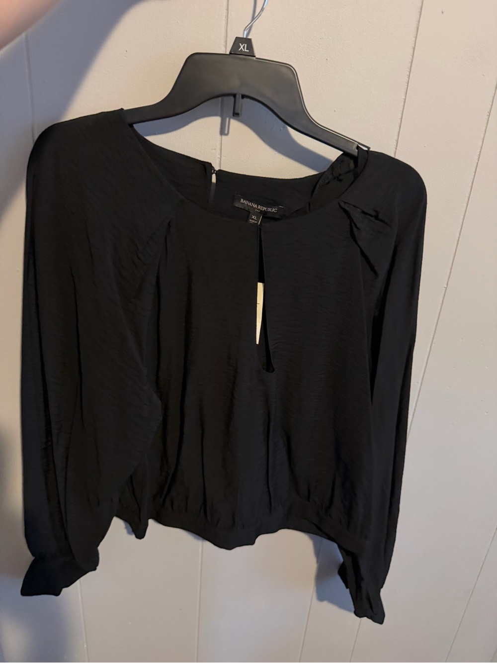 Banana Republic Black Long-Sleeve Keyhole Blouse with Subtle Tie
